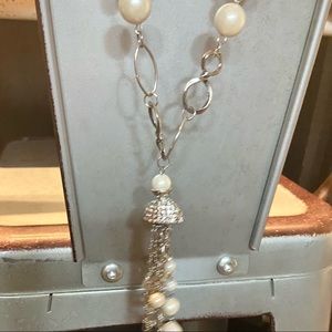 ✨ Long Silver Beaded Chain Necklace with Cluster Drop Pendant ✨